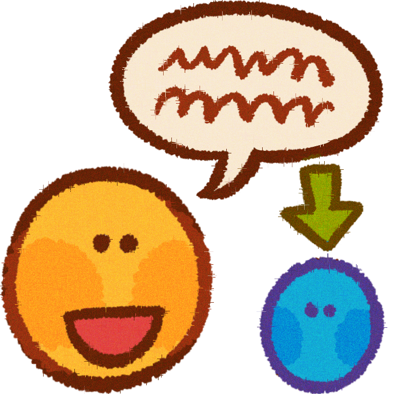  a yellow person ’ s head with a speech bubble next to them , under the speech bubble there is a green arrow coming from it pointing at a second blue person .